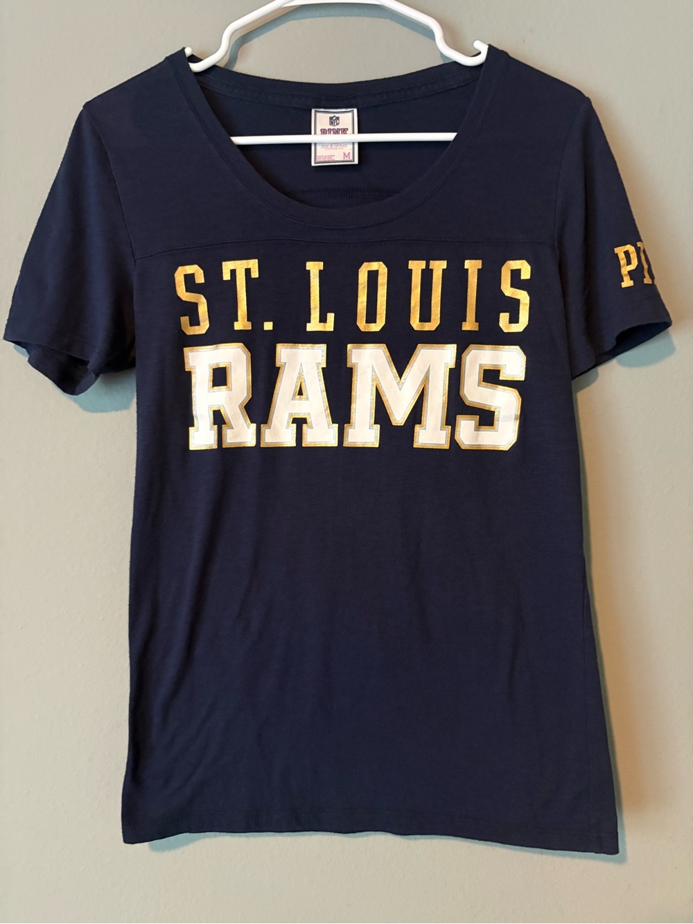 Vintage NFL PINK Victoria's Secret St. Louis Rams Shirt M Navy Blue Gold Graphic